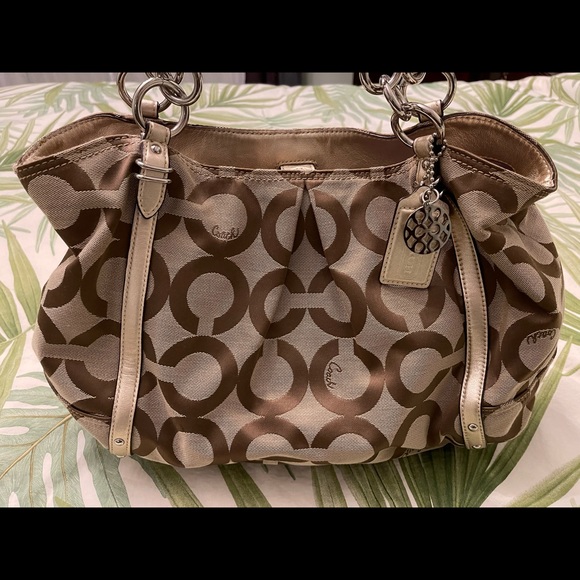 Authentic COACH Op Art tote bag canvas shoulder beige gold 16233 Large size - Picture 1 of 8